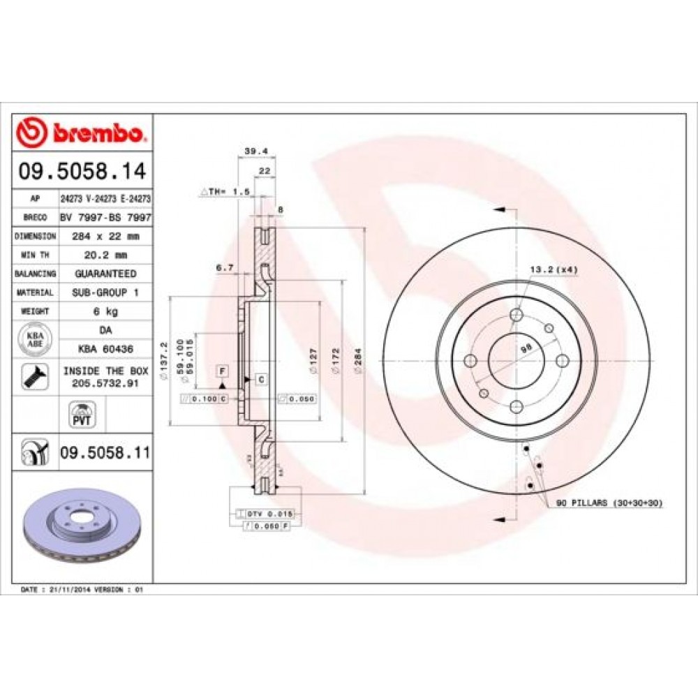 ΔΙΣΚ. FIAT MULTIPLA 1.6 (284*22) BREMBO ΔΙΣΚ. FIAT MULTIPLA 1.6 (284*22) BREMBO
